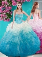 Beautiful Beaded Bust White and Blue 15 Quinceanera Dress in Organza