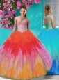 New Style Rainbow Beaded and Applique 15 Quinceanera Dress with Detachable Straps