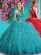Cheap Halter Top Beaded and Ruffled Quinceanera Dress with Puffy Skirt
