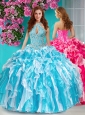 New Arrival Beaded and Ruffled Halter Top Quinceanera Dress in Baby Blue and White