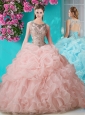Perfect Brush Train Scoop Peach Quinceanera Dress with Beading and Ruffles