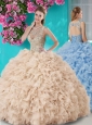 Perfect See Through Beaded Scoop Quinceanera Gown in Champagne