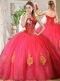 Romantic Beaded and Gold Applique Really Puffy Quinceanera Dress in Red