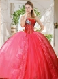 Romantic Puffy Skirt Beaded and Applique Quinceanera Dress in Coral Red