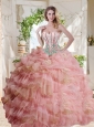Fashionable Visible Boning Beaded Pink Quinceanera Dress in Organza