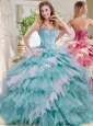 Popular Beaded and Ruffled Big Puffy Quinceanera Dress in Blue and White