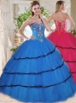 Wonderful Beaded and Ruffled Layers Blue Quinceanera Dress in Organza