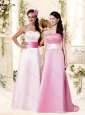 Classical Empire Brush Train Bridesmaid Dress with Belt and Ruching