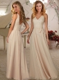 Luxurious V Neck Champagne Long Cheap Dama Dress with Beading and Belt