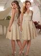Romantic Be-ribboned V Neck Knee Length Cheap Dama Dress in Champagne
