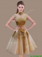 Modest A Line High Neck Champagne Prom Dress with Appliques and Bowknot
