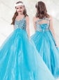 New Style Straps Beading Little Girl Pageant Dress in Aqua Blue