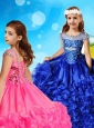See Through Beaded Decorated Cap Sleeves Little Girl Pageant Dress with Scoop