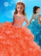 Fashionable Orange Little Girl Pageant Dress with Beaded Decorated Cap Sleeves