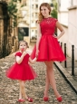 Feminine High Neck Backless Modest Prom Dress in Red and Beautiful Mini Length Little Girl Dress with Cap Sleeves