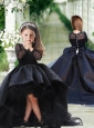 Romantic See Through Long Sleeves Flower Girl Pageant Dress in Navy Blue