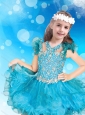 Classical Beaded Baby Blue Short New Style Little Girl Pageant Dress with Open Back