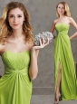 Beautiful High Slit and Ruched Chiffon Modest Prom Dress in Yellow Green