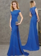 Discount Cap Sleeves Bowknot Blue Evening Dress with Brush Train