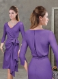 Elegant Column V Neck Three Fourth Length Sleeves Modest Prom Dress in Purple