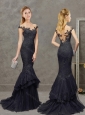 Exclusive See Through Mermaid Brush Train Modest Prom Dress with Cap Sleeves