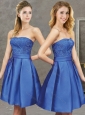 Hot Sale Strapless Laced Satin Short Modest Prom Dress in Blue