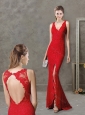 Laced and High Slit Deep V Neckline Red Modest Prom Dress with Brush Train