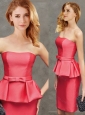 Latest Column Strapless Belted Short Modest Prom Dress in Coral Red