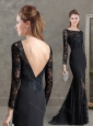 See Through Long Sleeves Mermaid Black Mother of the Bride Dress in Lace and Satin