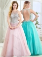 Beautiful See Through Scoop Beaded Modest Prom Dress with Open Back