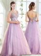 Elegant Beaded Decorated Straps Modest Prom Dress with Brush Train