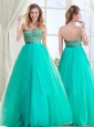 Sophisticated Beaded and Belted Tulle Evening Dress in Turquoise