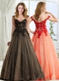 Top Selling V Neck Zipper Up Modest Prom Dress with Black Appliques