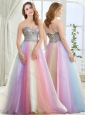 Wonderful Beaded and Sequined Brush Train Modest Prom Dress in Rainbow