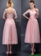 Comfortable Scoop Half Sleeves Prom Dress with Hand Made Flowers and Appliques