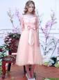 Comfortable Square Half Sleeves Bowknot Prom Dress in Baby Pink