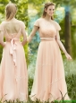 Elegant See Through Scoop Short Sleeves Prom Dress in Peach