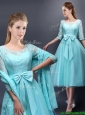 Romantic Aqua Blue Scoop Half Sleeves Prom Dress with Bowknot