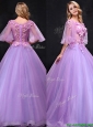 See Through Half Sleeves Bateau Prom Dress with Hand Made Flowers