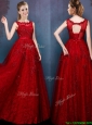 See Through Scoop Wine Red Prom Dress with Beading and Appliques