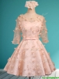 Wonderful Applique and Belted Scoop Short Prom Dress in Peach