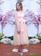 Fashionable See Through Scoop Half Sleeves Bridesmaid Dress with Bowknot
