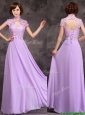 Low Price High Neck Cap Sleeves Lavender Long Prom Dress