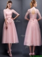 Luxurious Laced High Neck Half Sleeves Bridesmaid Dress with Bowknot