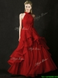Modest A Line Halter Top Tulle Prom Dress with Appliques