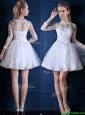 New See Through Scoop Three Fourth Length Sleeves Short Bridesmaid Dress in White