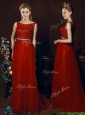 Popular Belted Empire Scoop Red Prom Dress with Brush Train