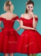 Wonderful Off the Shoulder Cap Sleeves Prom Dress with Beading and Bowknot