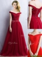 Elegant Off the Shoulder Cap Sleeves Bridesmaid Dress in Wine Red