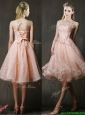 See Through Beaded and Applique Peach Bridesmaid Dress with Polka Dot